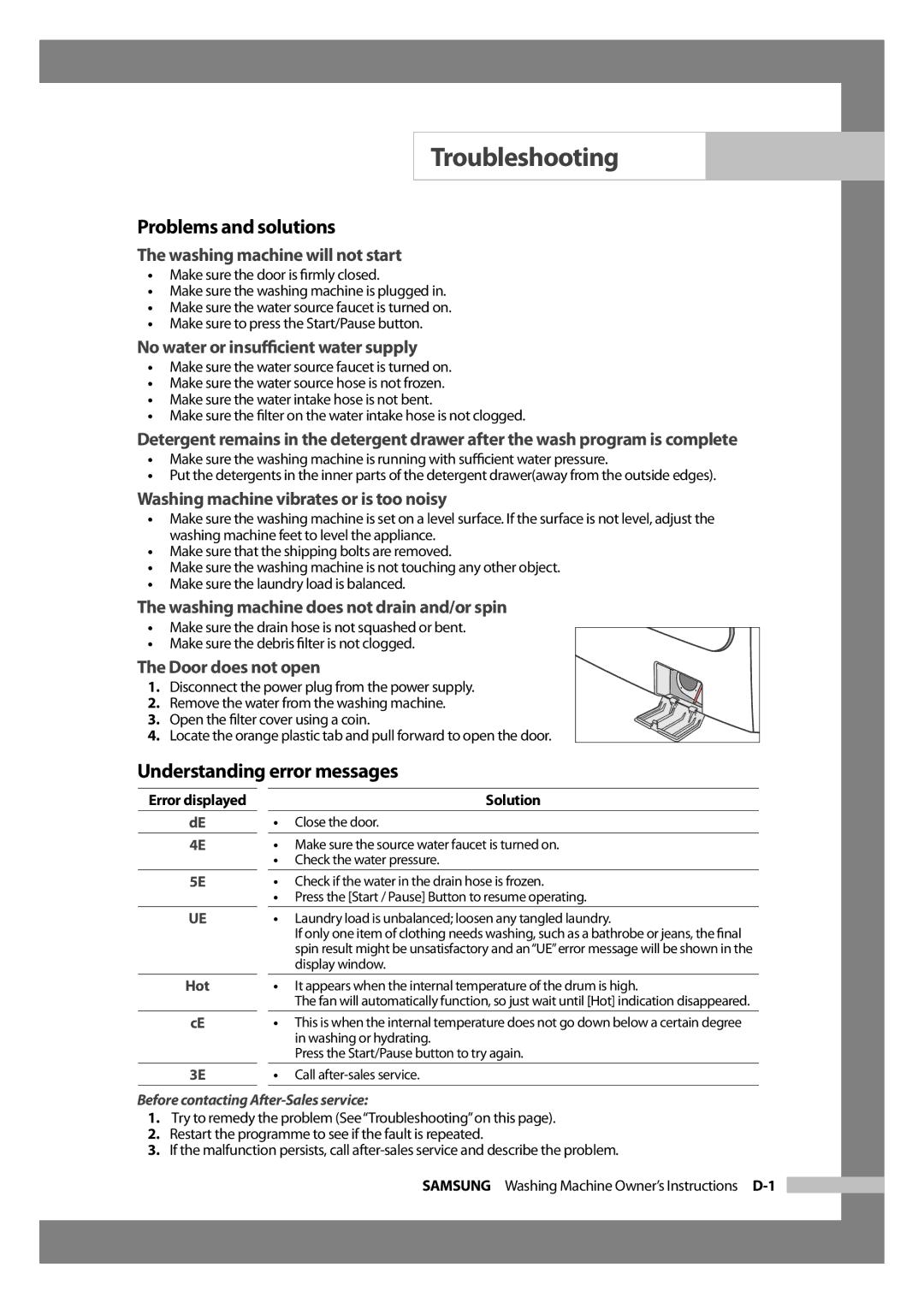 Samsung WD6102CKC/XSV manual Troubleshooting, Problems and solutions, Understanding error messages 