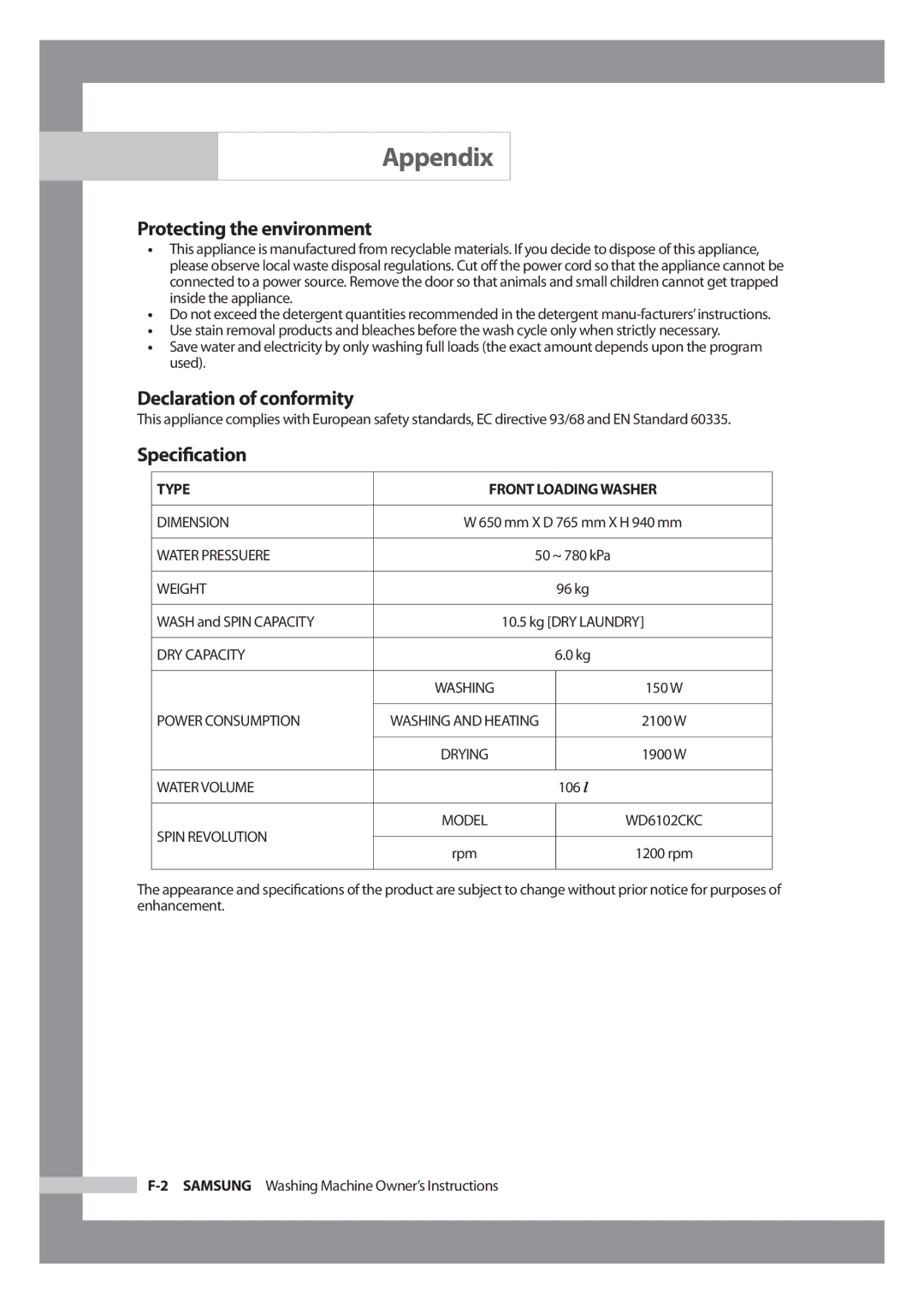 Samsung WD6102CKC/XSV Protecting the environment, Declaration of conformity, Speciﬁcation, Wash and Spin Capacity, Rpm 