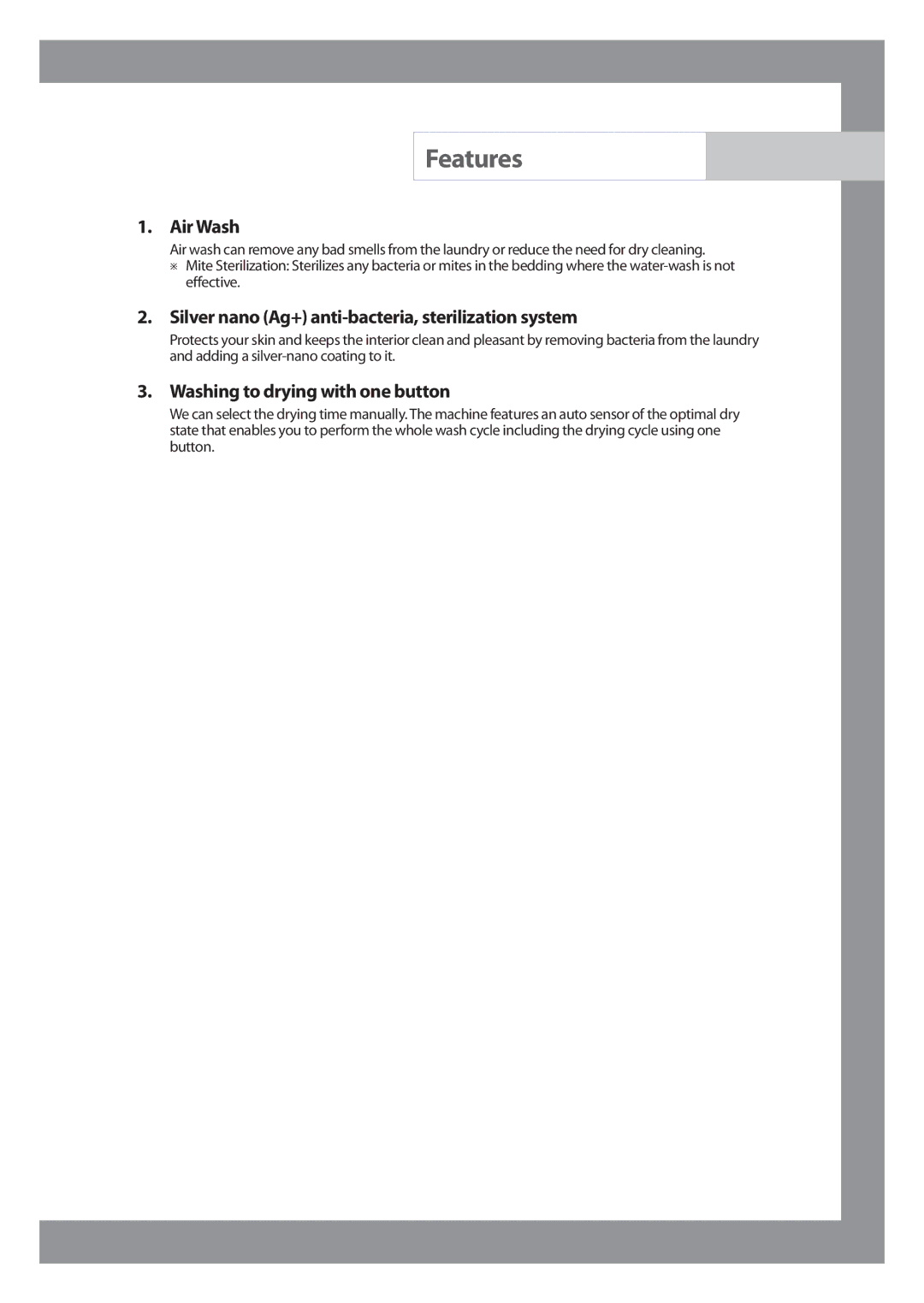 Samsung WD6102CKC/XSV manual Features, Air Wash 