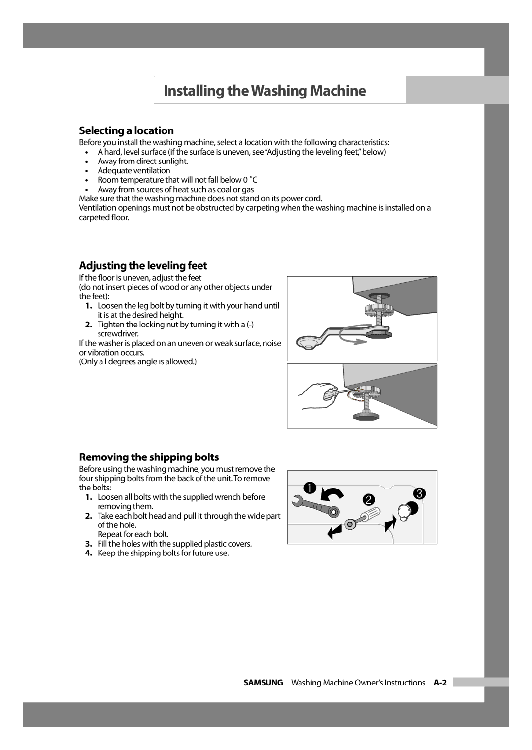 Samsung WD6102CKC/XSV manual Selecting a location, Adjusting the leveling feet, Removing the shipping bolts 