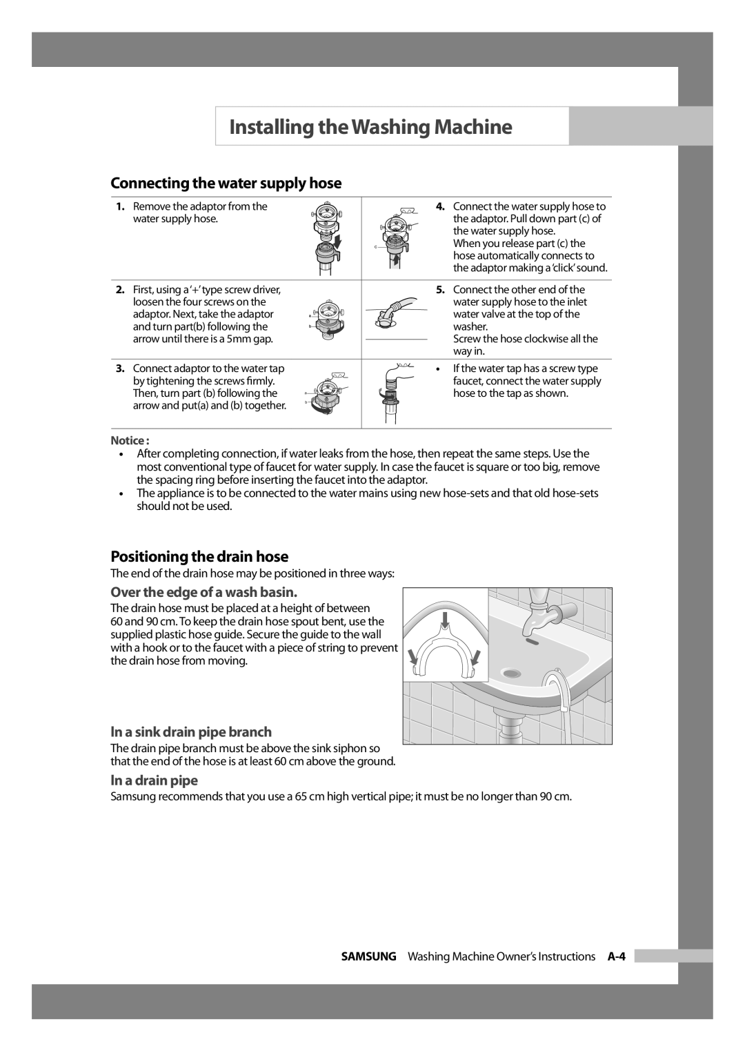 Samsung WD6102CKC/XSV manual Positioning the drain hose, End of the drain hose may be positioned in three ways 