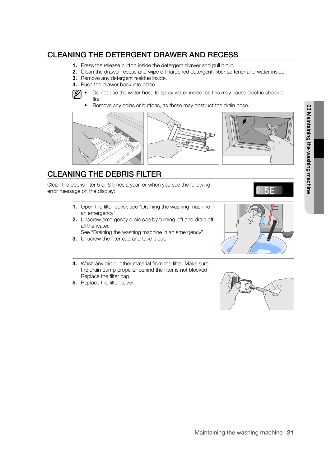 Samsung WD6122CKC, WD6122CKS user manual Cleaning the Detergent Drawer and Recess, Cleaning the Debris Filter 