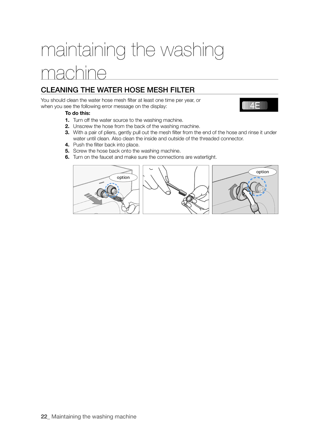 Samsung WD6122CKS, WD6122CKC user manual Cleaning the Water Hose Mesh Filter, To do this 