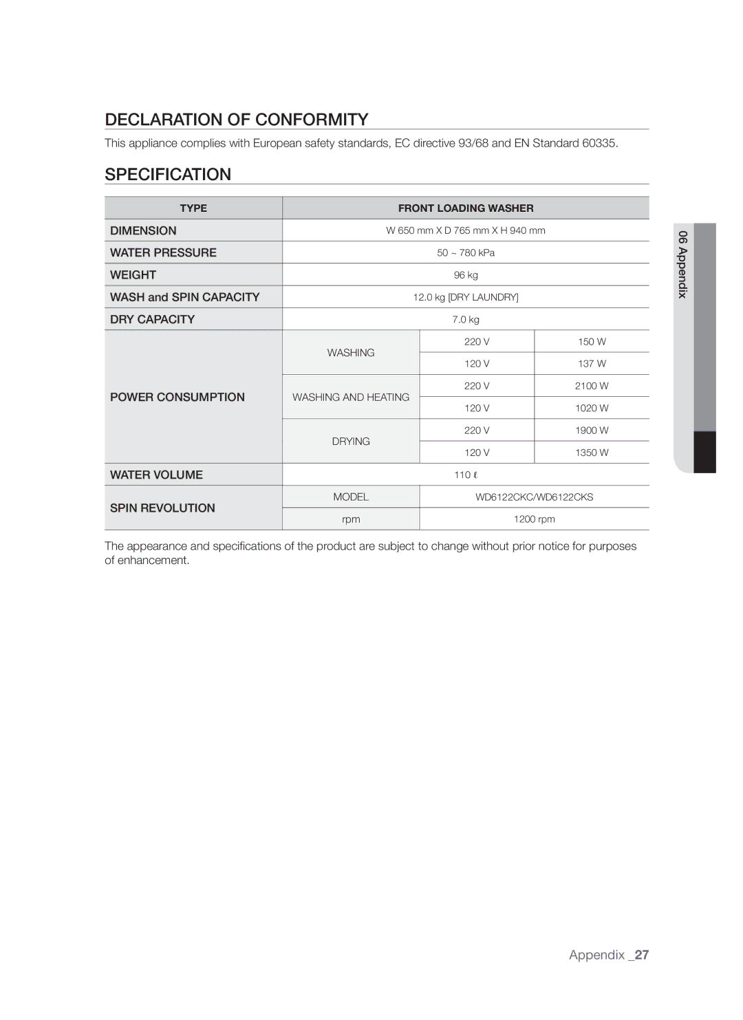 Samsung WD6122CKC, WD6122CKS user manual Declaration of Conformity, Specification 