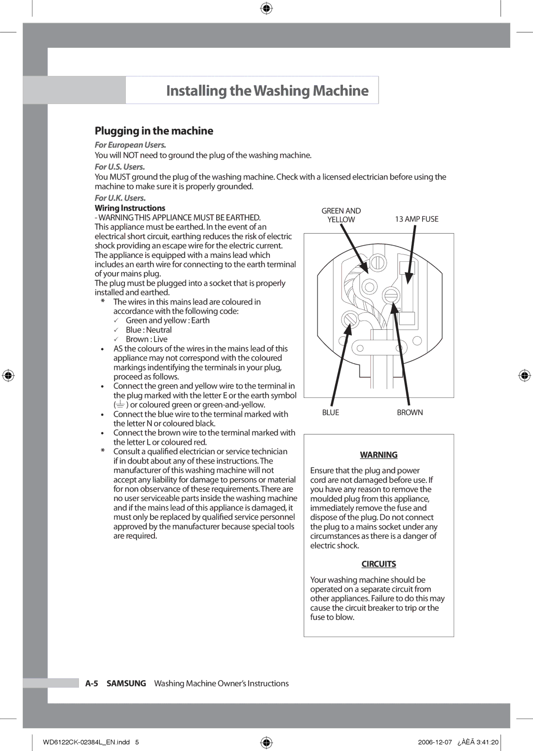 Samsung WD6122CKS/XSG, WD6122CKS/XFA manual Plugging in the machine, For European Users, For U.S. Users, For U.K. Users 