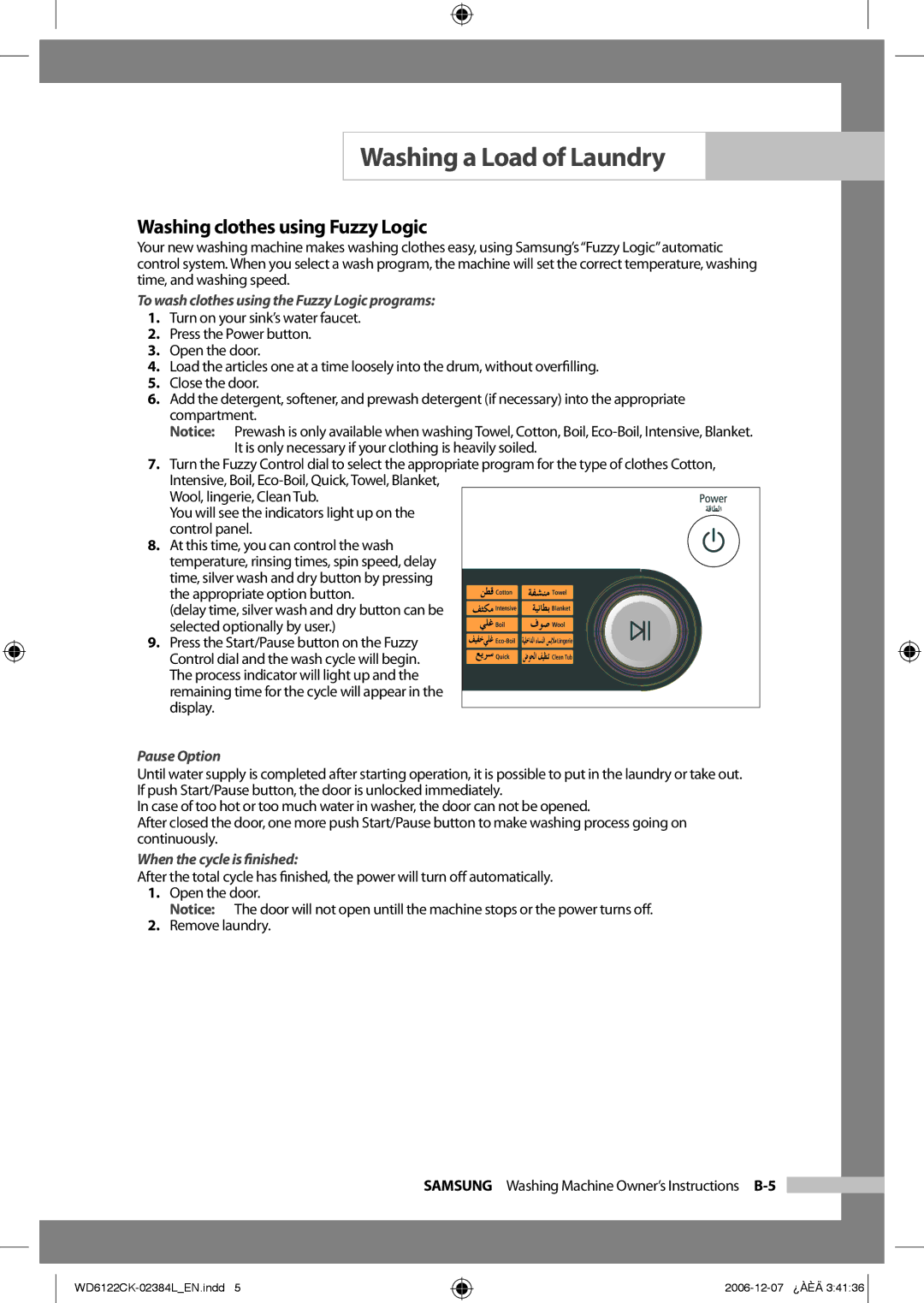 Samsung WD6122CKC/XSG Washing clothes using Fuzzy Logic, To wash clothes using the Fuzzy Logic programs, Pause Option 