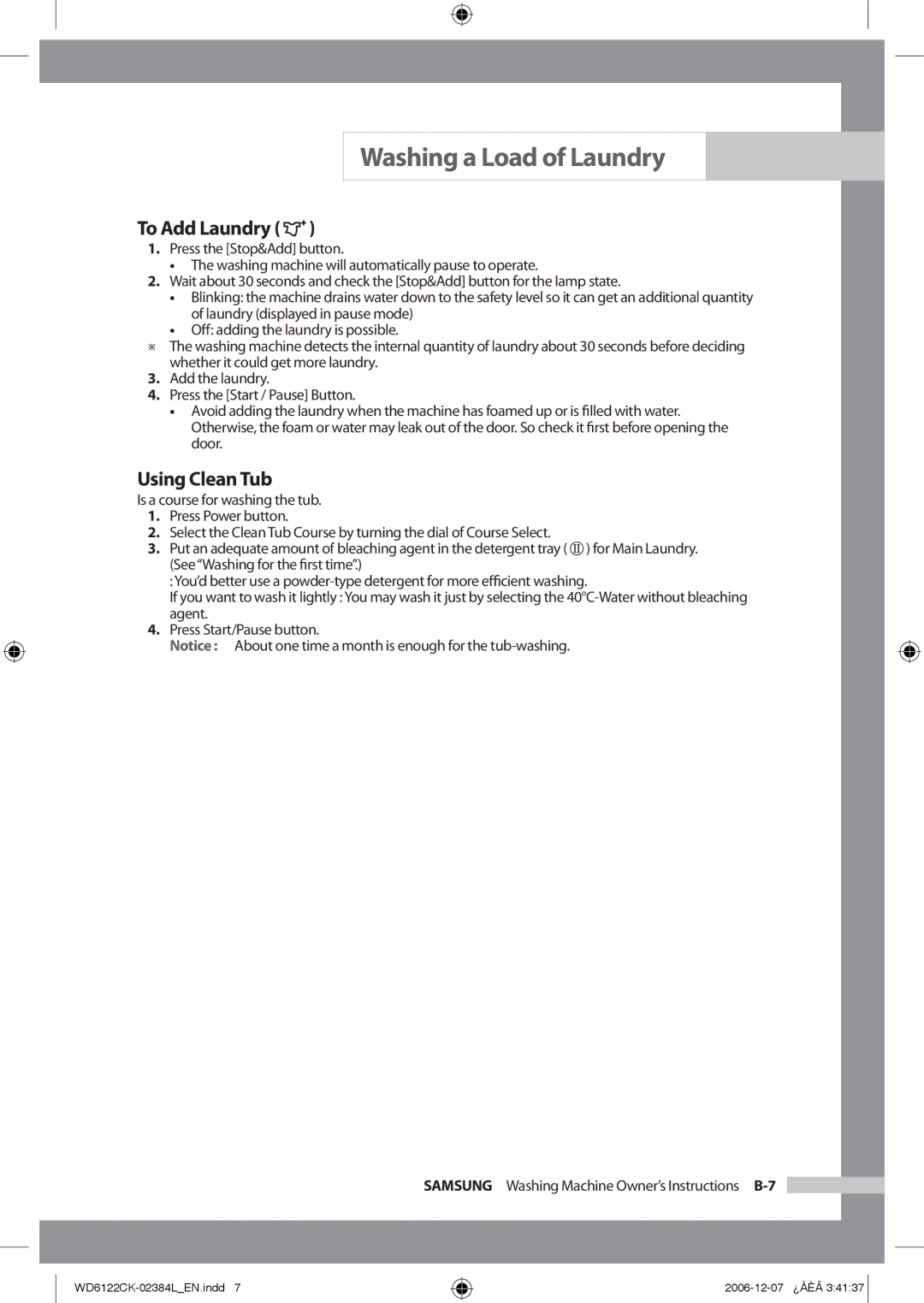 Samsung WD6122CKS/YL, WD6122CKS/XFA, WD6122CKS/XSG, WD6122CKC/XSG manual To Add Laundry, Using Clean Tub 