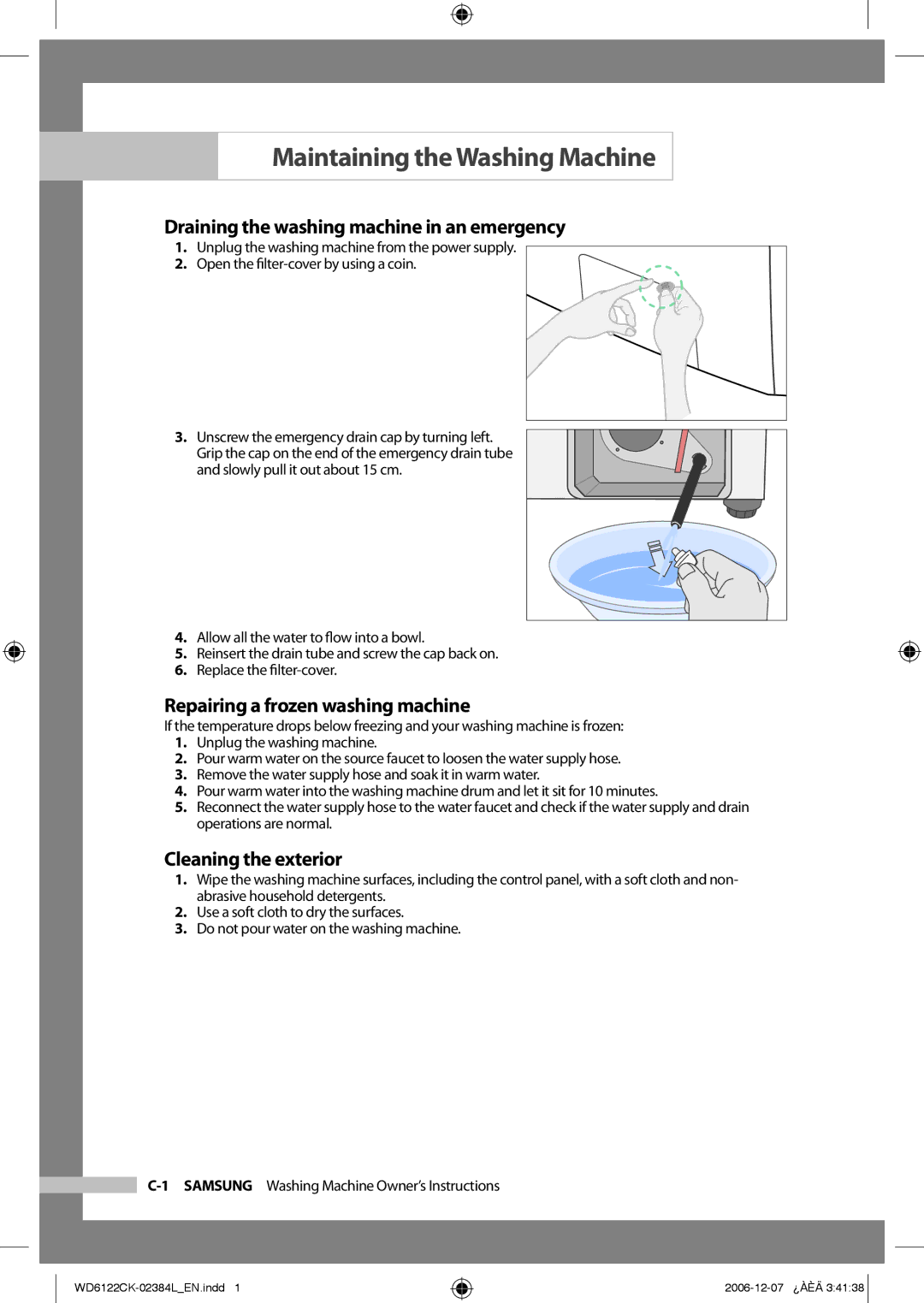 Samsung WD6122CKS/XFA Maintaining the Washing Machine, Draining the washing machine in an emergency, Cleaning the exterior 