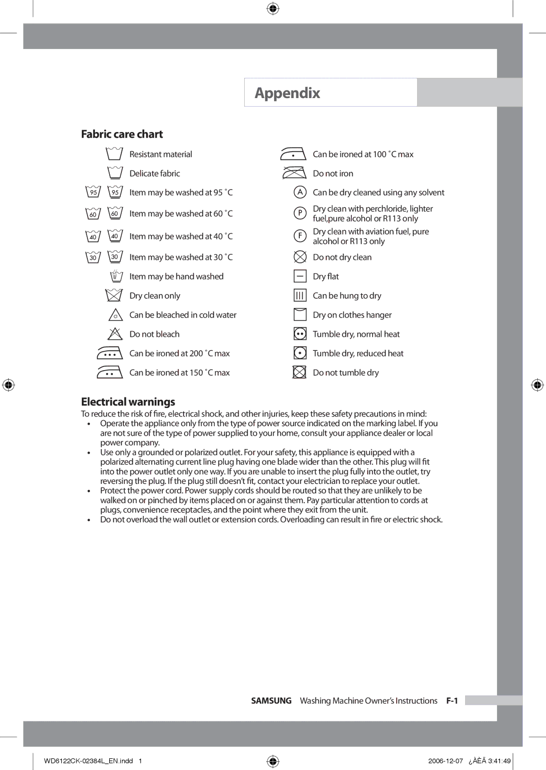 Samsung WD6122CKS/YL, WD6122CKS/XFA, WD6122CKS/XSG, WD6122CKC/XSG manual Appendix, Fabric care chart, Electrical warnings 