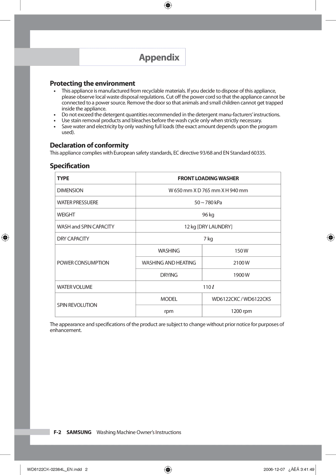 Samsung WD6122CKS/XSG, WD6122CKS/XFA, WD6122CKS/YL manual Protecting the environment, Declaration of conformity, Speciﬁcation 