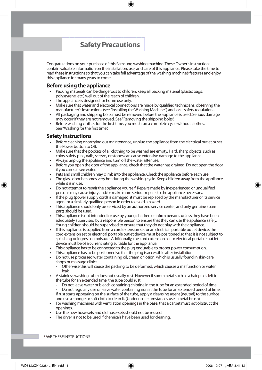 Samsung WD6122CKS/XFA, WD6122CKS/YL, WD6122CKS/XSG manual Safety Precautions, Before using the appliance, Safety instructions 