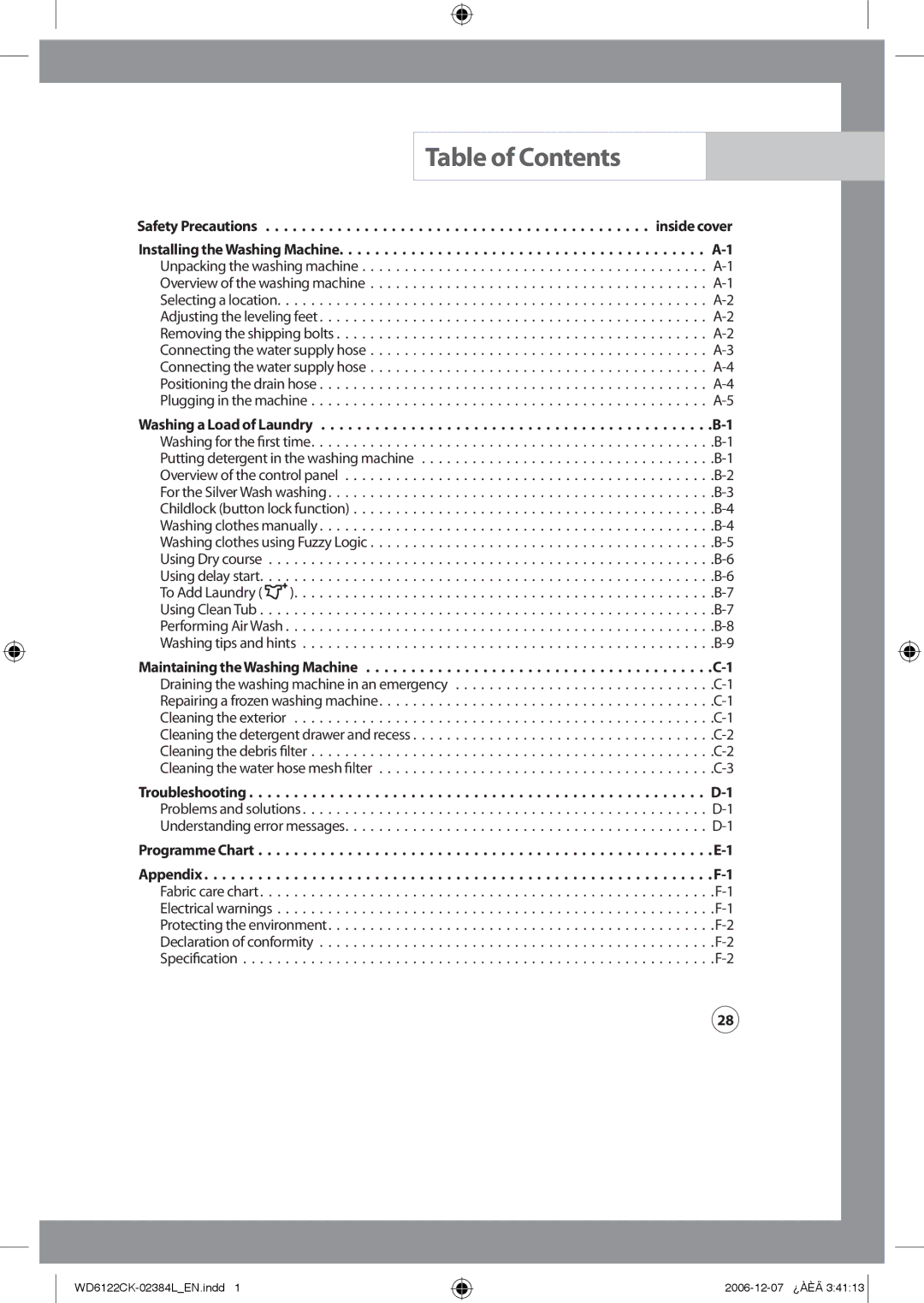 Samsung WD6122CKS/YL, WD6122CKS/XFA, WD6122CKS/XSG, WD6122CKC/XSG manual Table of Contents 