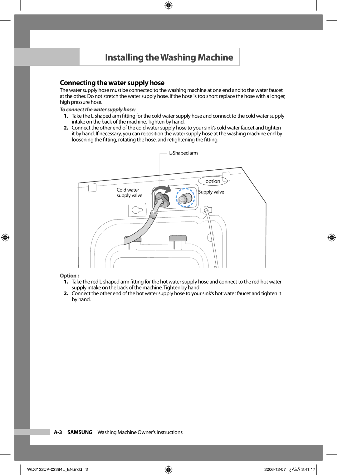 Samsung WD6122CKS/XFA, WD6122CKS/YL, WD6122CKS/XSG manual Connecting the water supply hose, To connect the water supply hose 