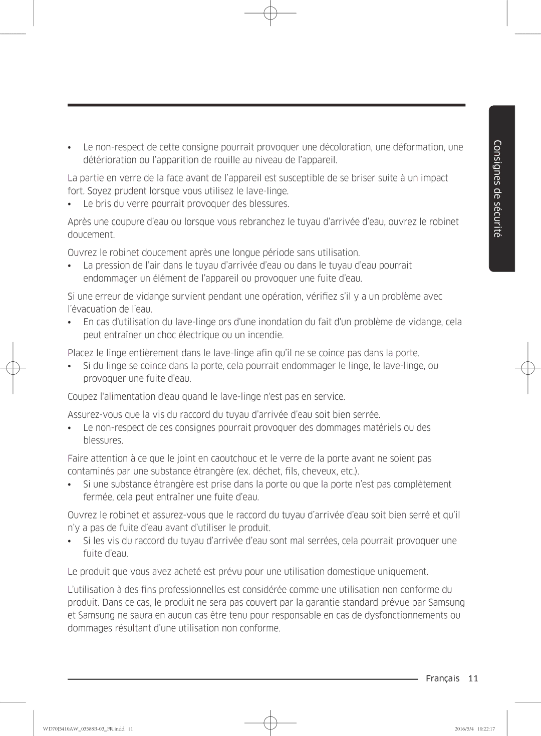 Samsung WD70J5410AW/EF manual Consignes de sécurité 