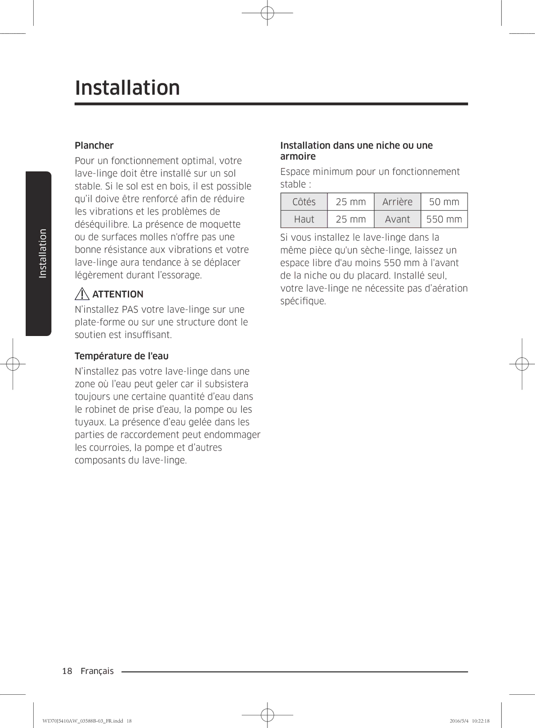 Samsung WD70J5410AW/EF manual Installation 