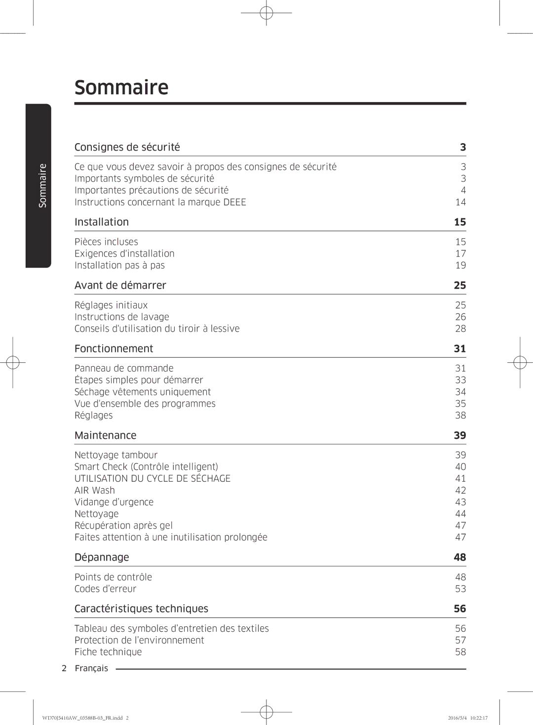 Samsung WD70J5410AW/EF manual Sommaire, Consignes de sécurité 