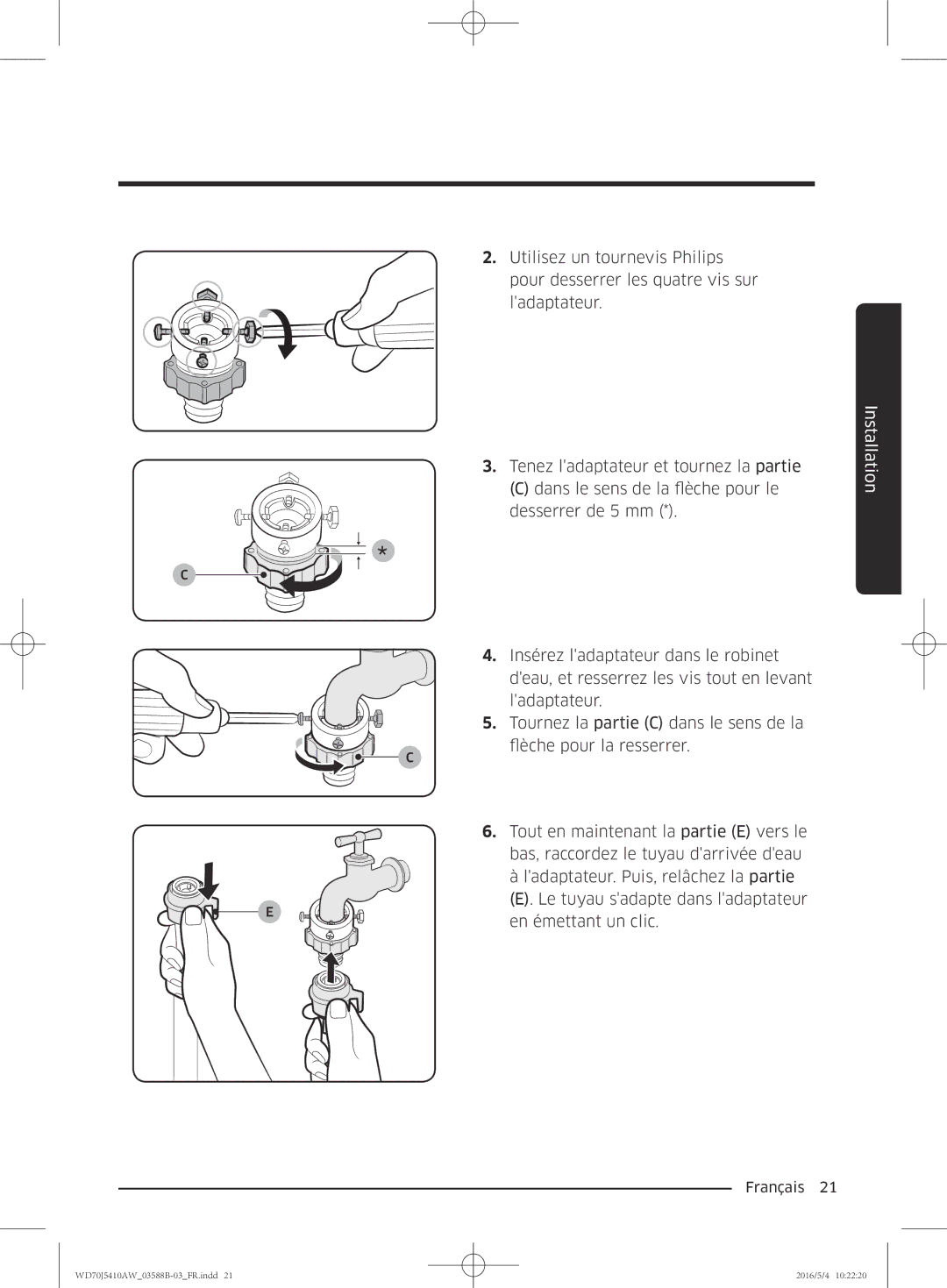 Samsung WD70J5410AW/EF manual Installation 