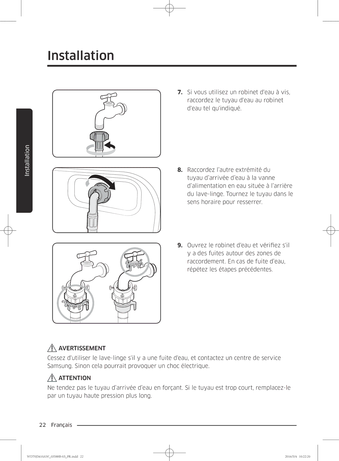 Samsung WD70J5410AW/EF manual Avertissement 