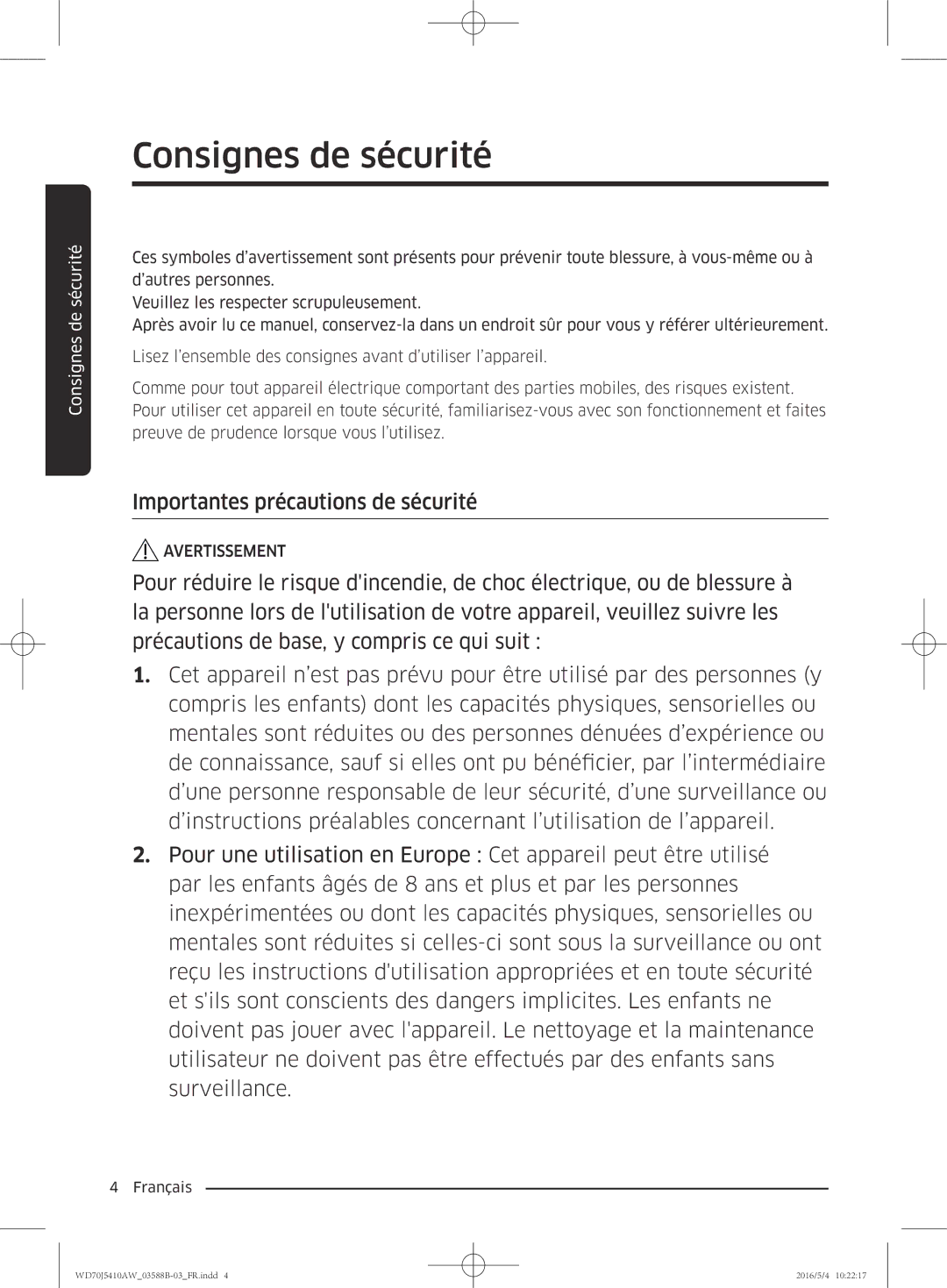 Samsung WD70J5410AW/EF manual Importantes précautions de sécurité 