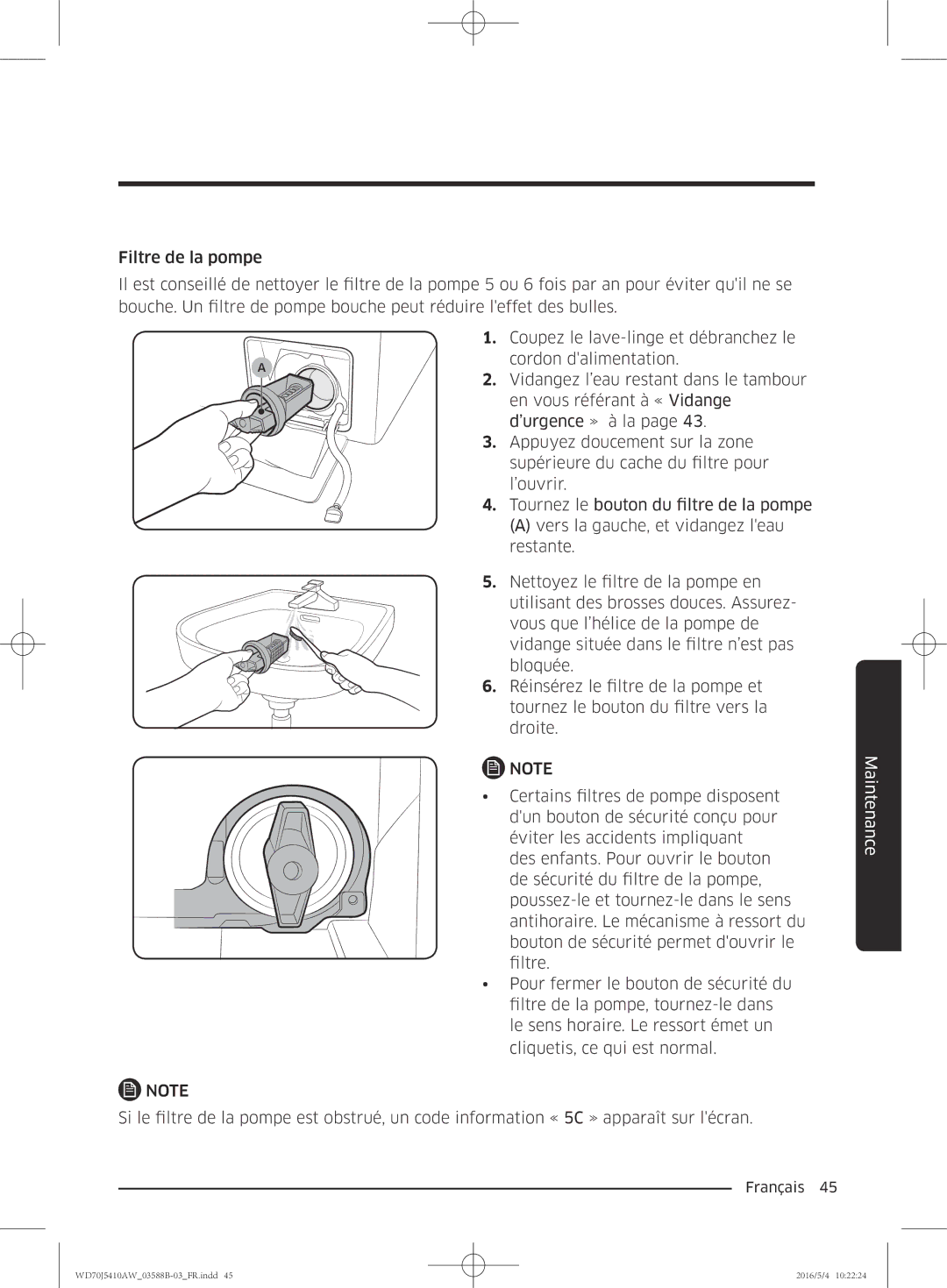 Samsung WD70J5410AW/EF manual Maintenance 