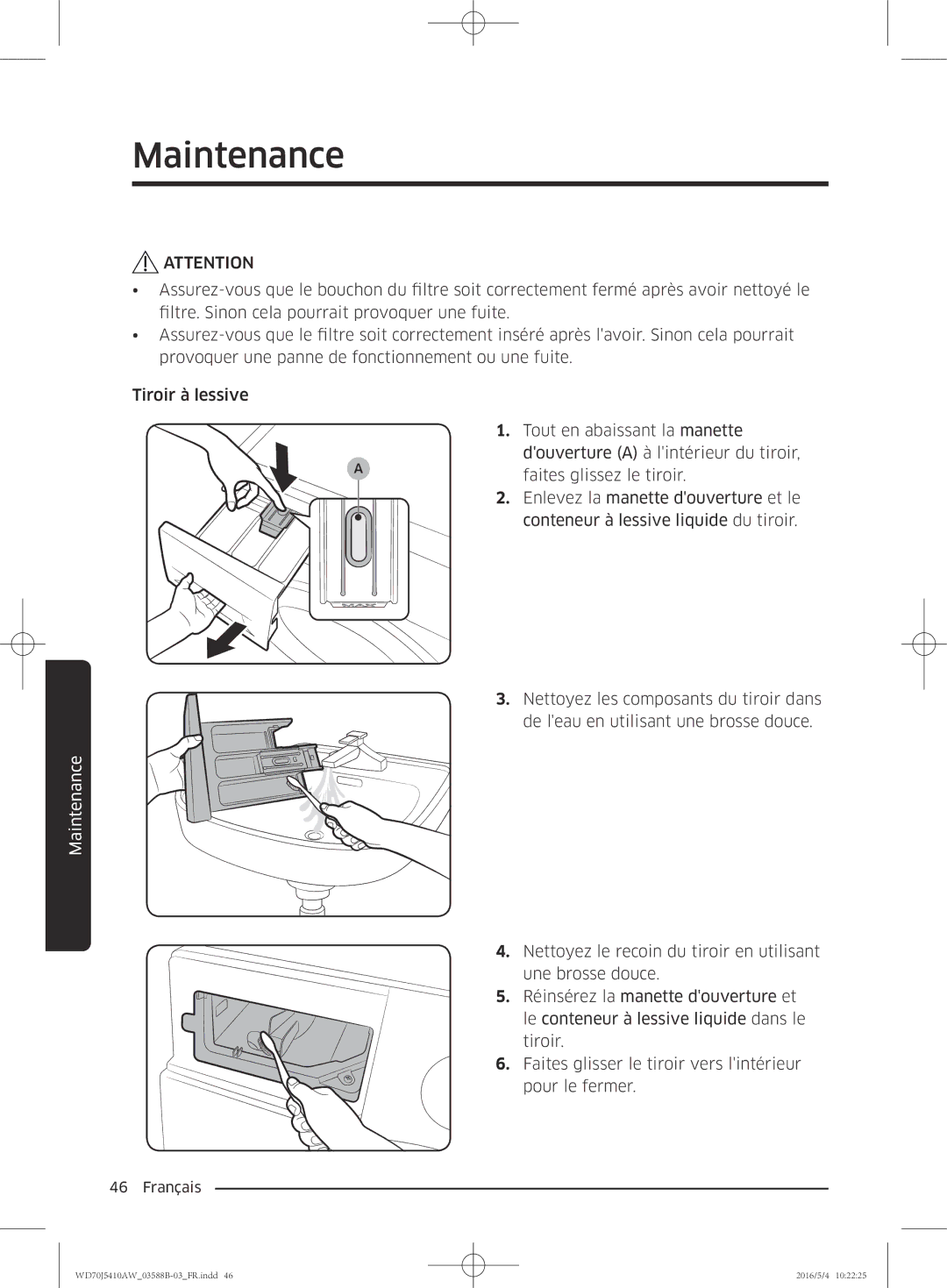 Samsung WD70J5410AW/EF manual Maintenance 