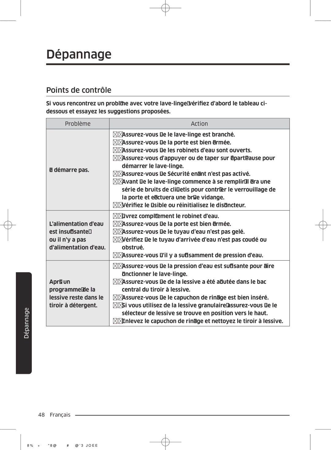 Samsung WD70J5410AW/EF manual Dépannage, Points de contrôle 