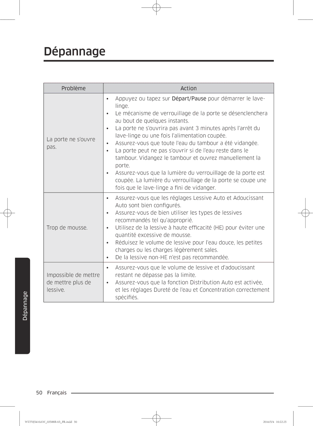 Samsung WD70J5410AW/EF manual Dépannage 