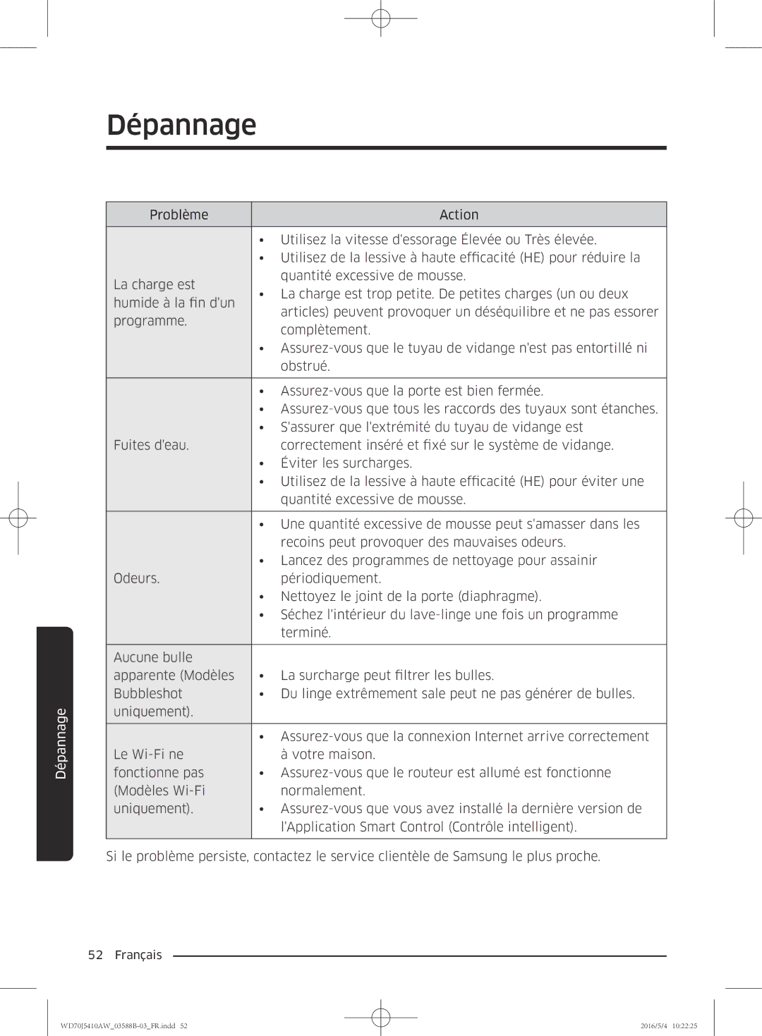 Samsung WD70J5410AW/EF manual Dépannage 