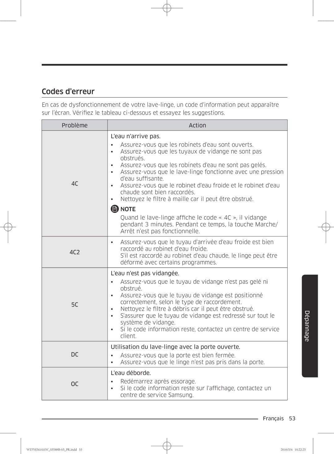 Samsung WD70J5410AW/EF manual Codes d’erreur 