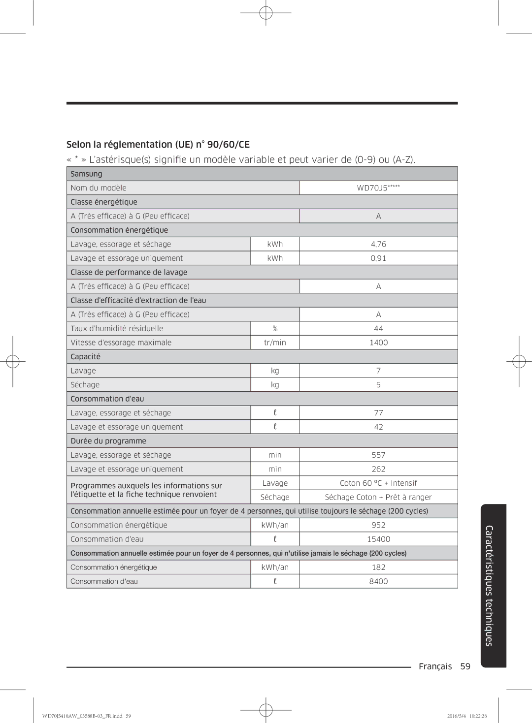 Samsung WD70J5410AW/EF manual Caractéristiques techniques 