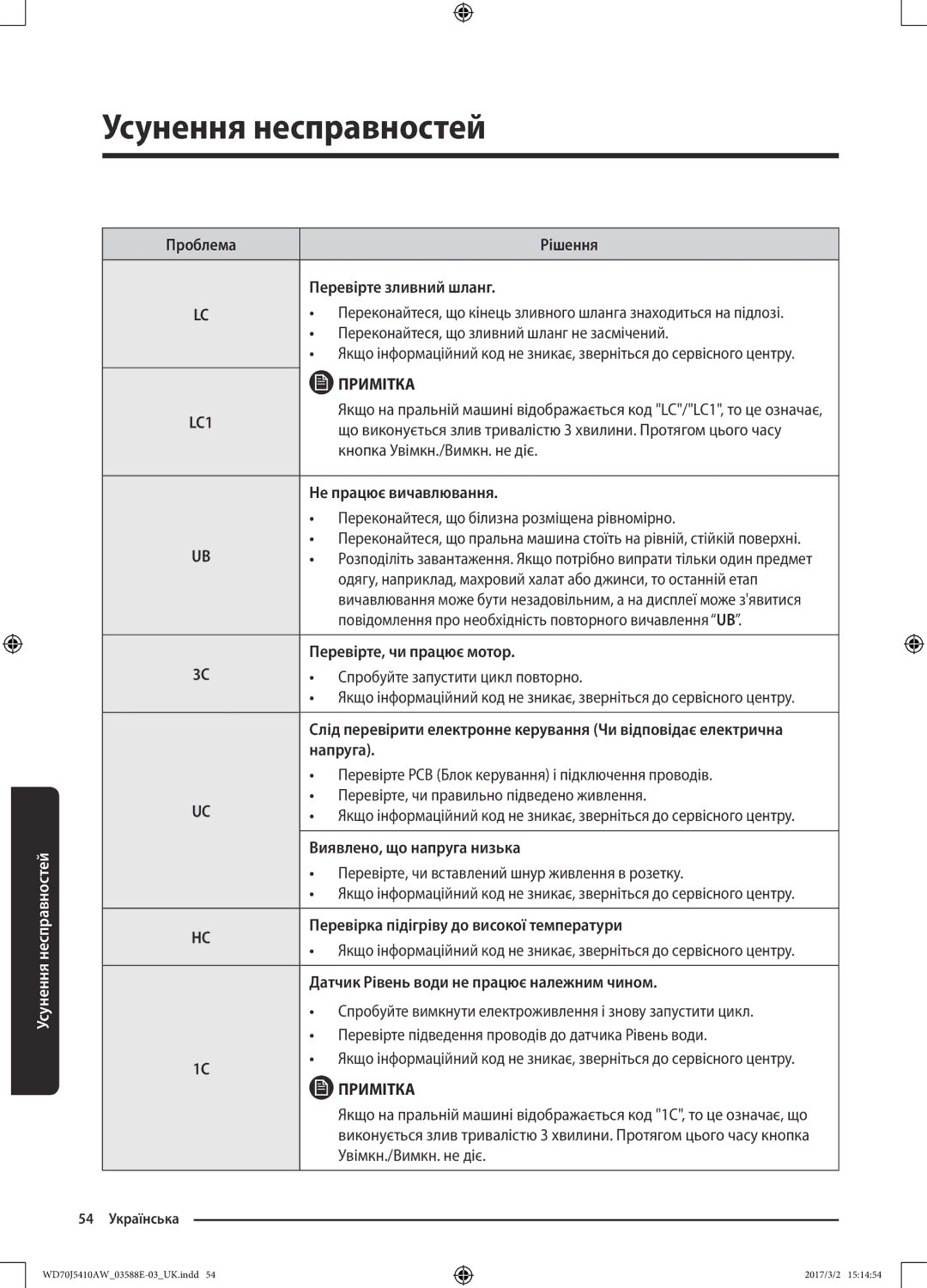 Samsung WD70J5410AW/LD manual Рішення Перевірте зливний шланг, Переконайтеся, що зливний шланг не засмічений 