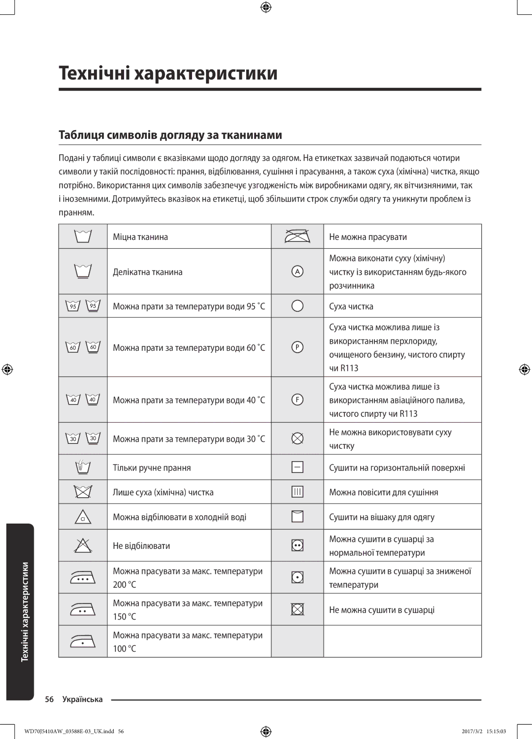 Samsung WD70J5410AW/LD manual Технічні характеристики, Таблиця символів догляду за тканинами 