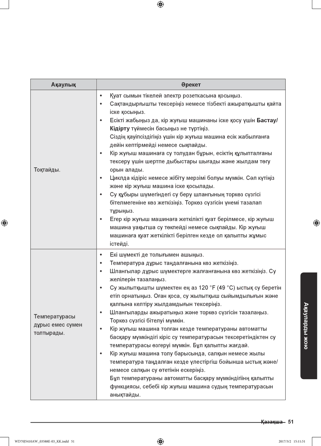 Samsung WD70J5410AW/LD manual Қуат сымын тікелей электр розеткасына қосыңыз, Кідірту түймесін басыңыз не түртіңіз 