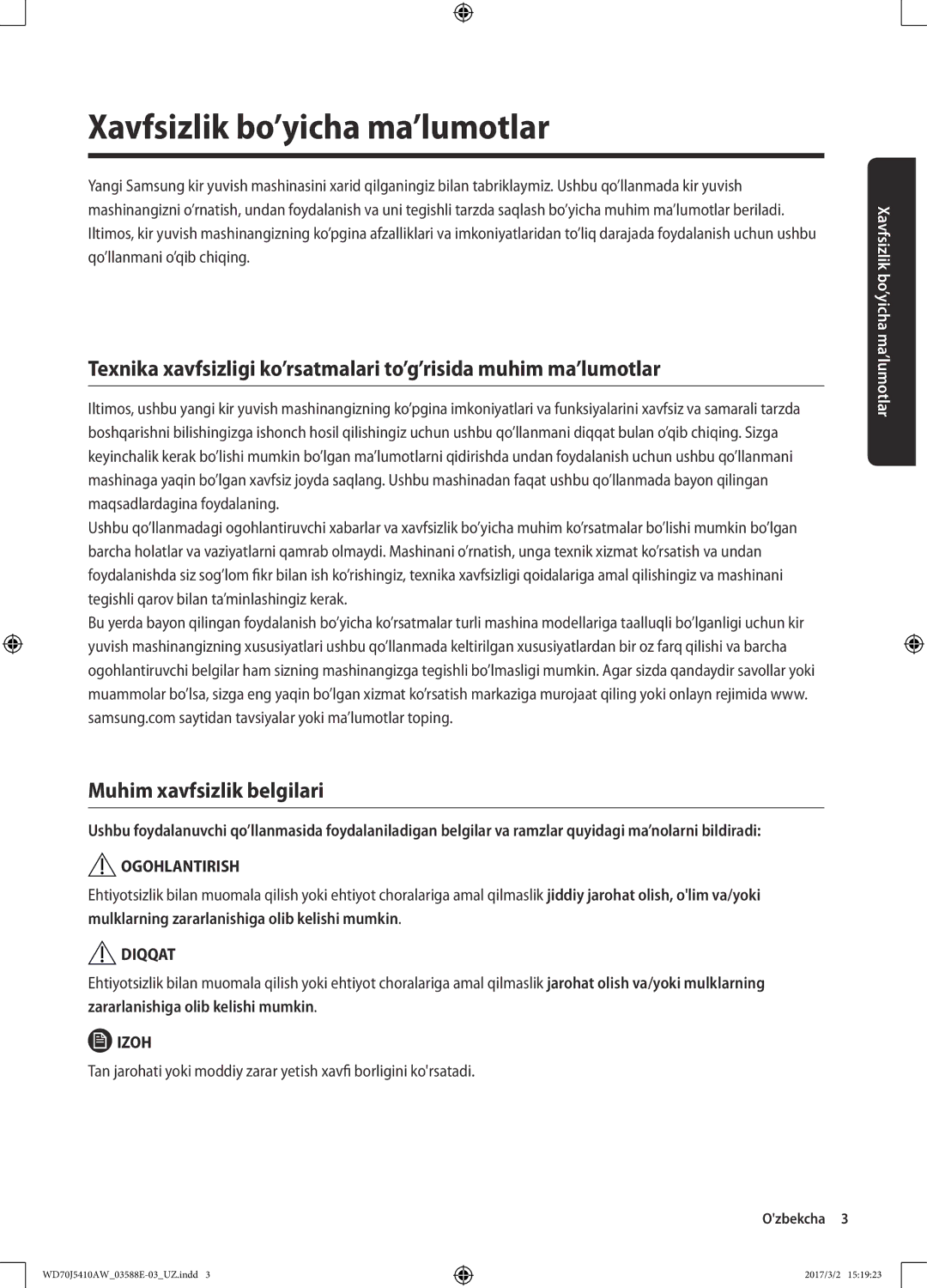 Samsung WD70J5410AW/LD manual Xavfsizlik bo’yicha ma’lumotlar, Muhim xavfsizlik belgilari 