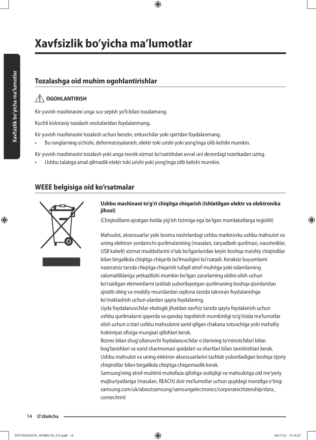 Samsung WD70J5410AW/LD manual Tozalashga oid muhim ogohlantirishlar, Weee belgisiga oid ko’rsatmalar 