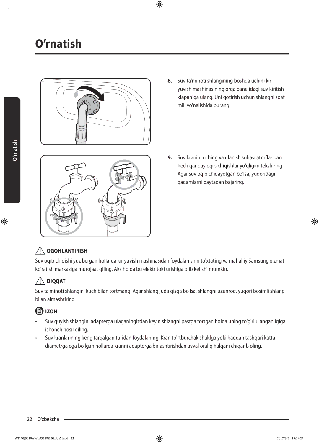 Samsung WD70J5410AW/LD manual Ogohlantirish 