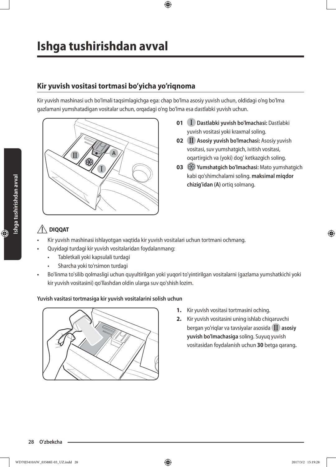 Samsung WD70J5410AW/LD manual Kir yuvish vositasi tortmasi bo’yicha yo’riqnoma 