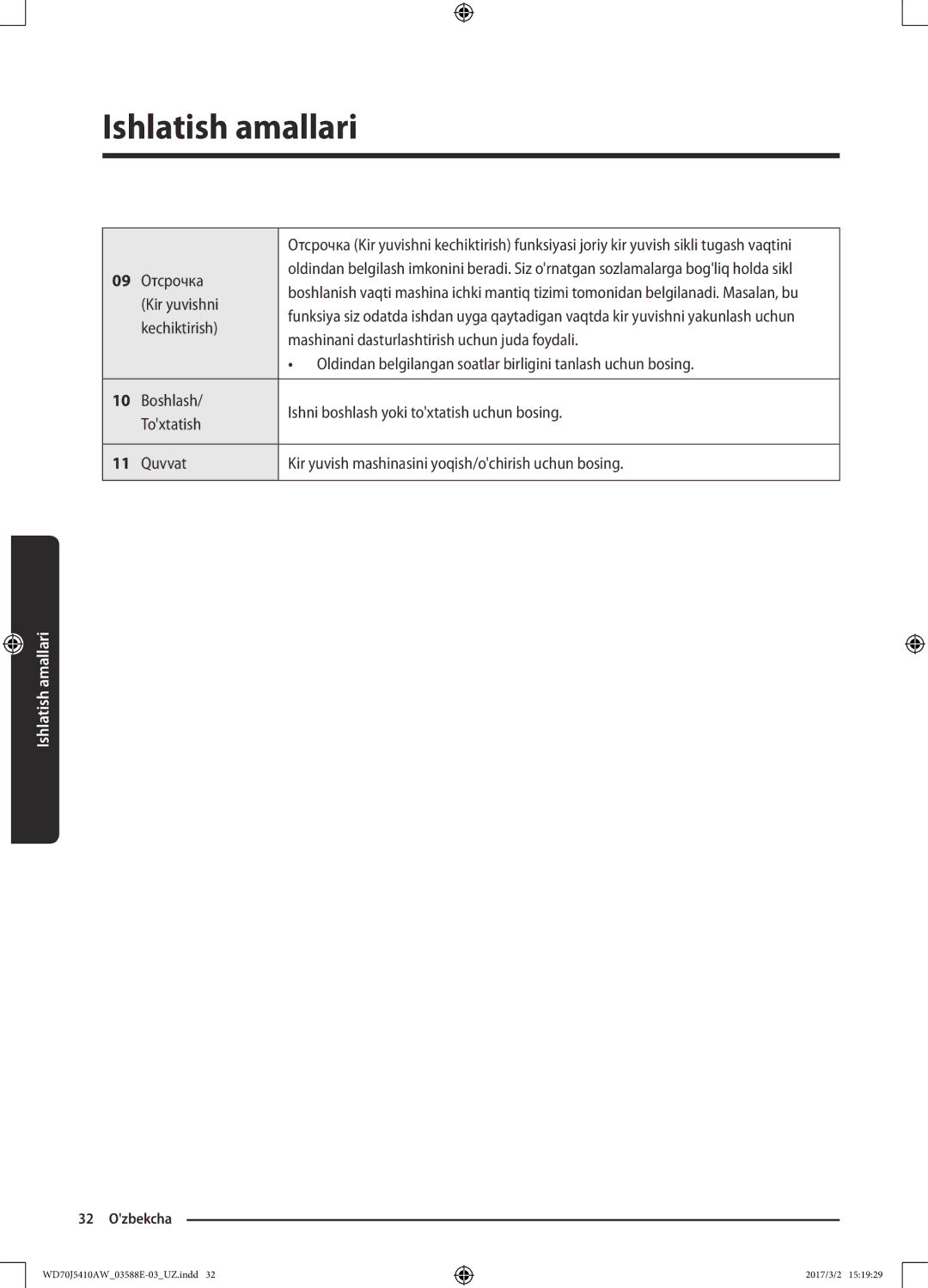 Samsung WD70J5410AW/LD manual Kir yuvishni, Kechiktirish, Mashinani dasturlashtirish uchun juda foydali 