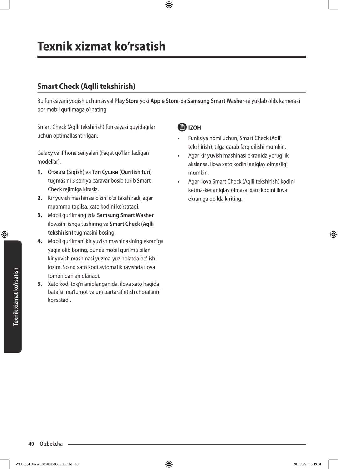 Samsung WD70J5410AW/LD manual Smart Check Aqlli tekshirish 