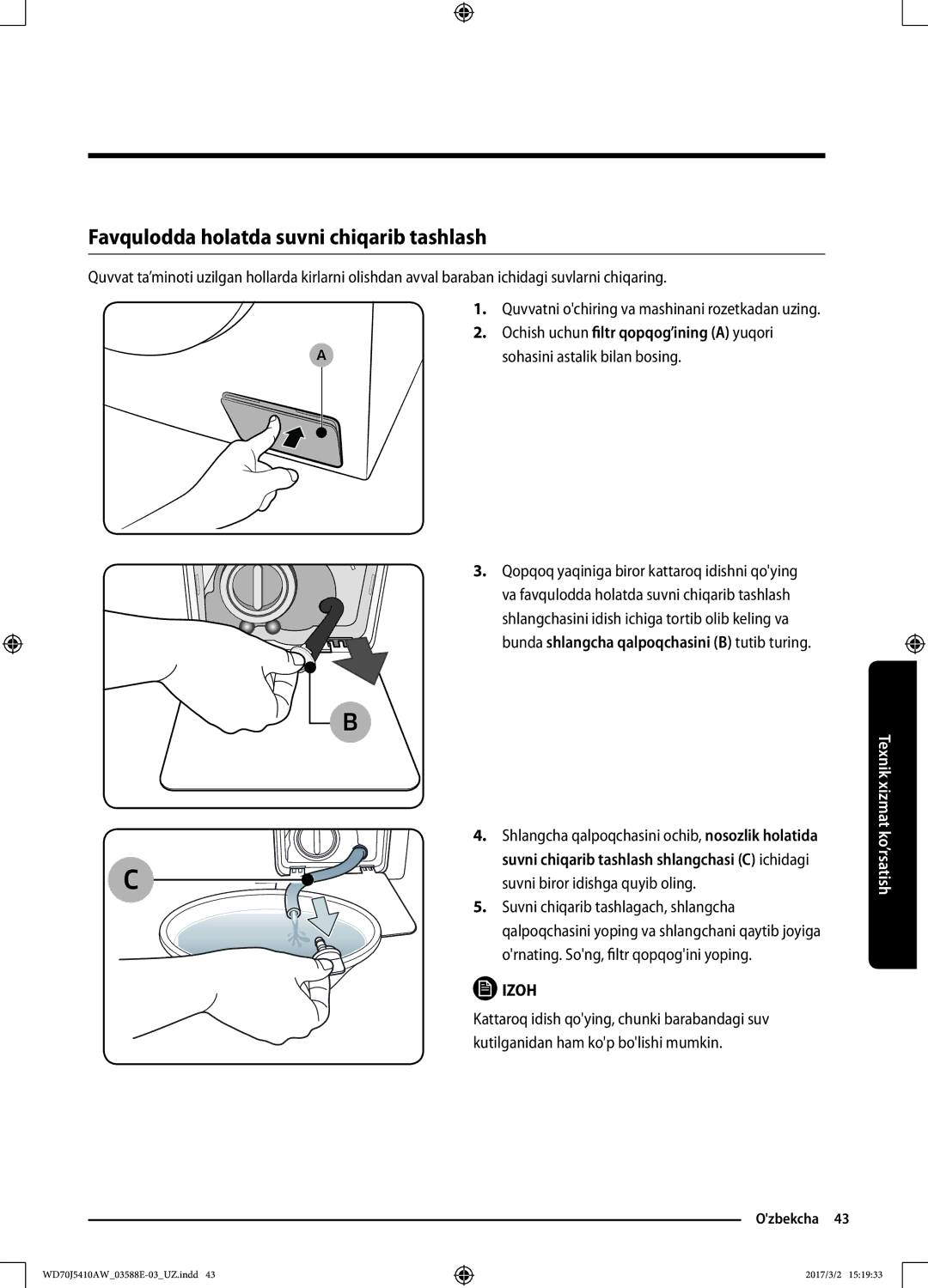 Samsung WD70J5410AW/LD manual Favqulodda holatda suvni chiqarib tashlash, Sohasini astalik bilan bosing 