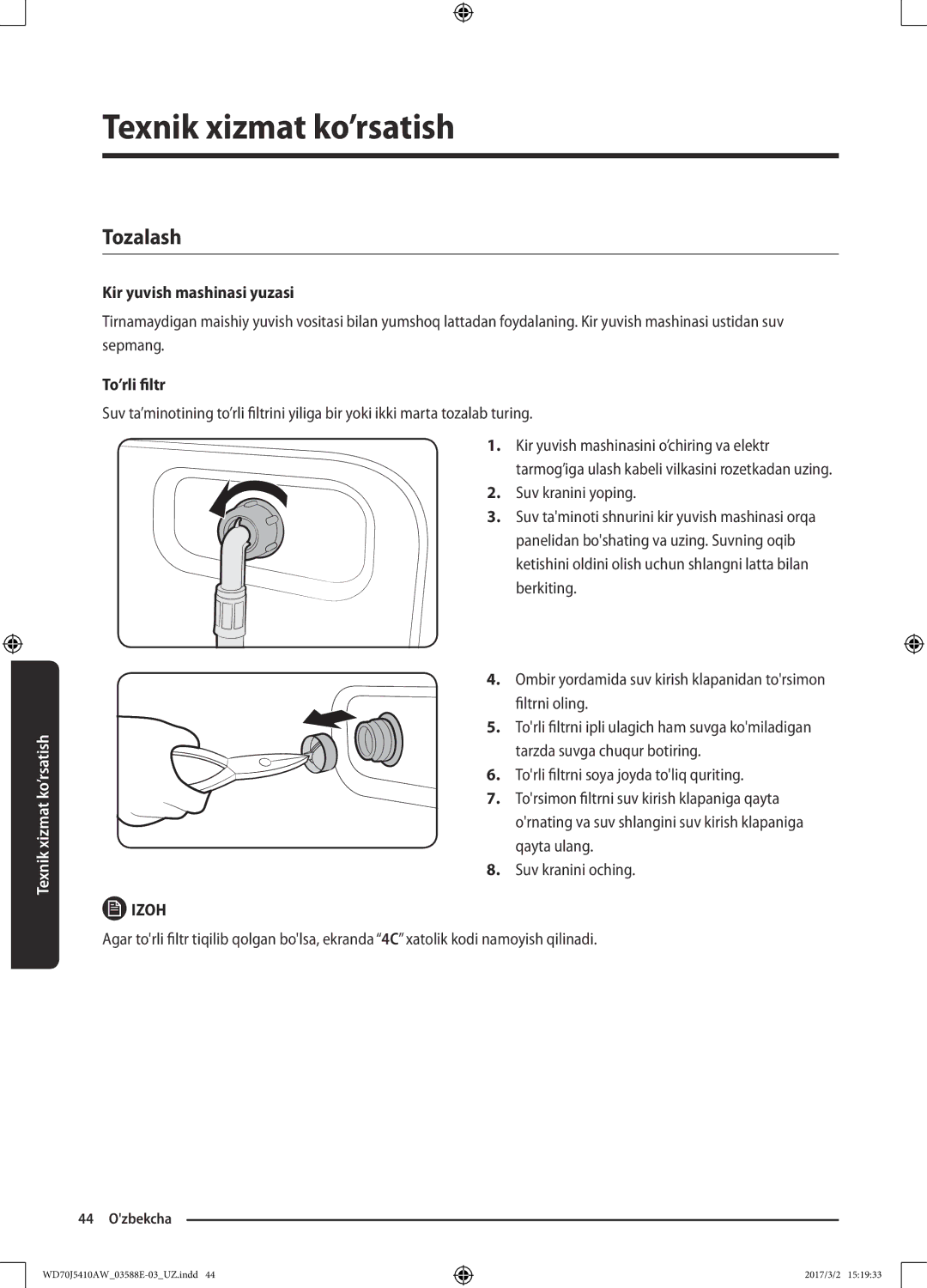 Samsung WD70J5410AW/LD manual Tozalash, Kir yuvish mashinasi yuzasi, To’rli filtr 