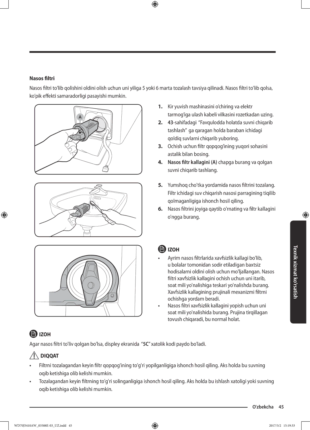 Samsung WD70J5410AW/LD manual Nasos filtri, Ko’pik effekti samaradorligi pasayishi mumkin 