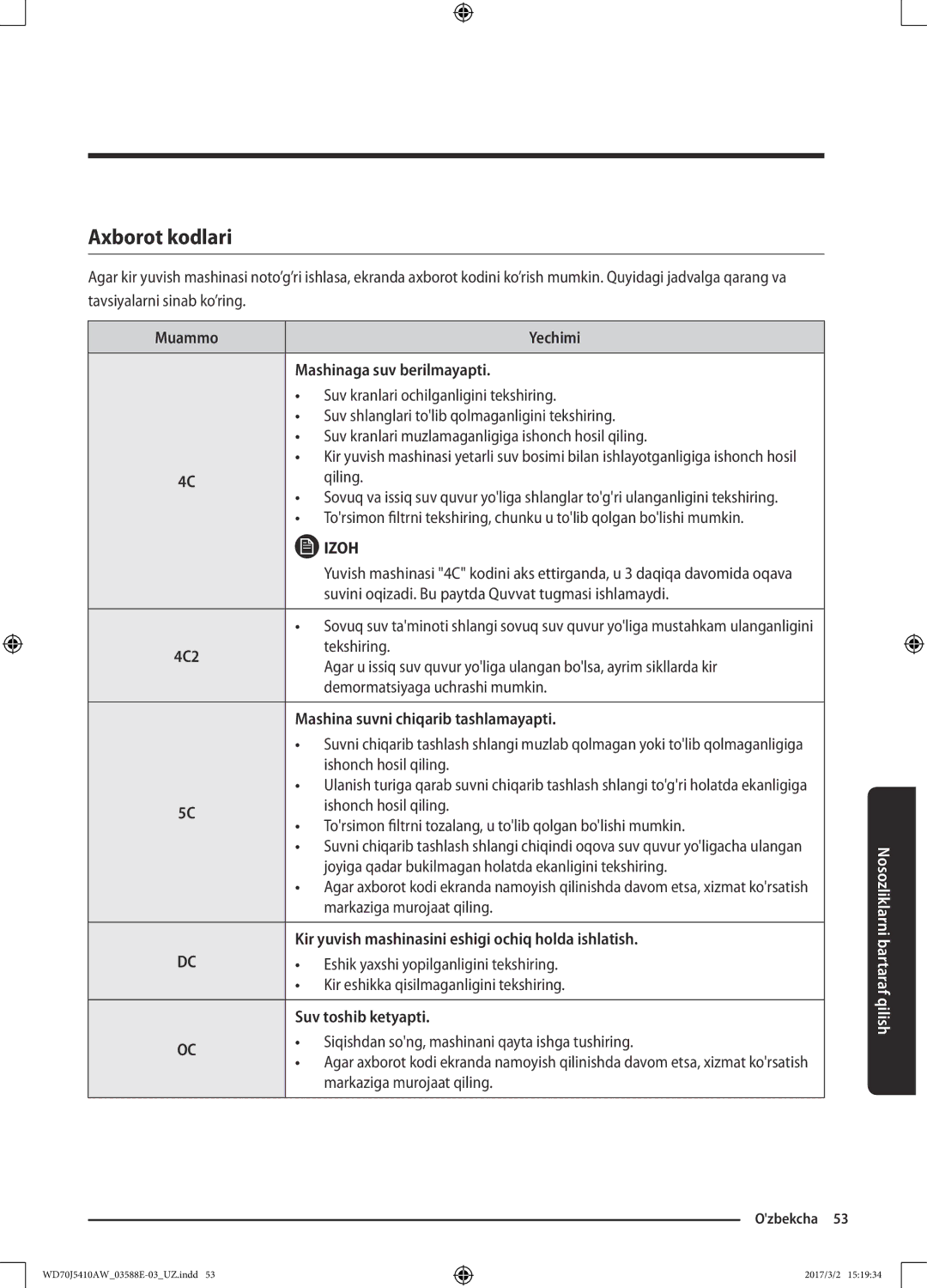 Samsung WD70J5410AW/LD manual Axborot kodlari 