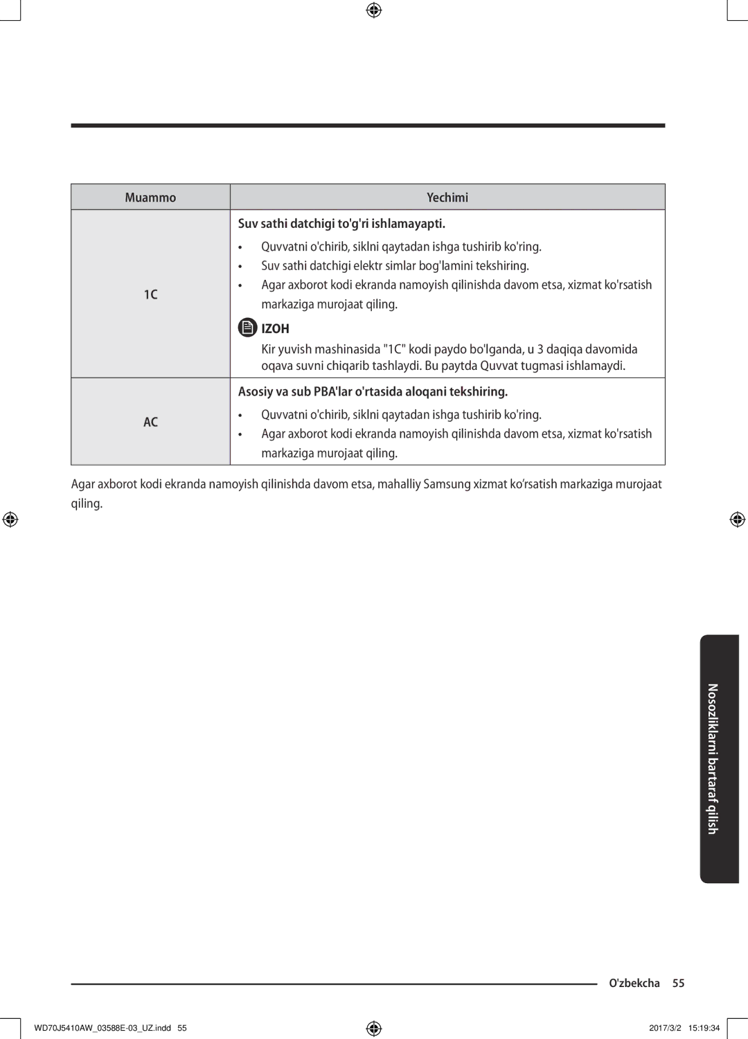 Samsung WD70J5410AW/LD manual Asosiy va sub PBAlar ortasida aloqani tekshiring 