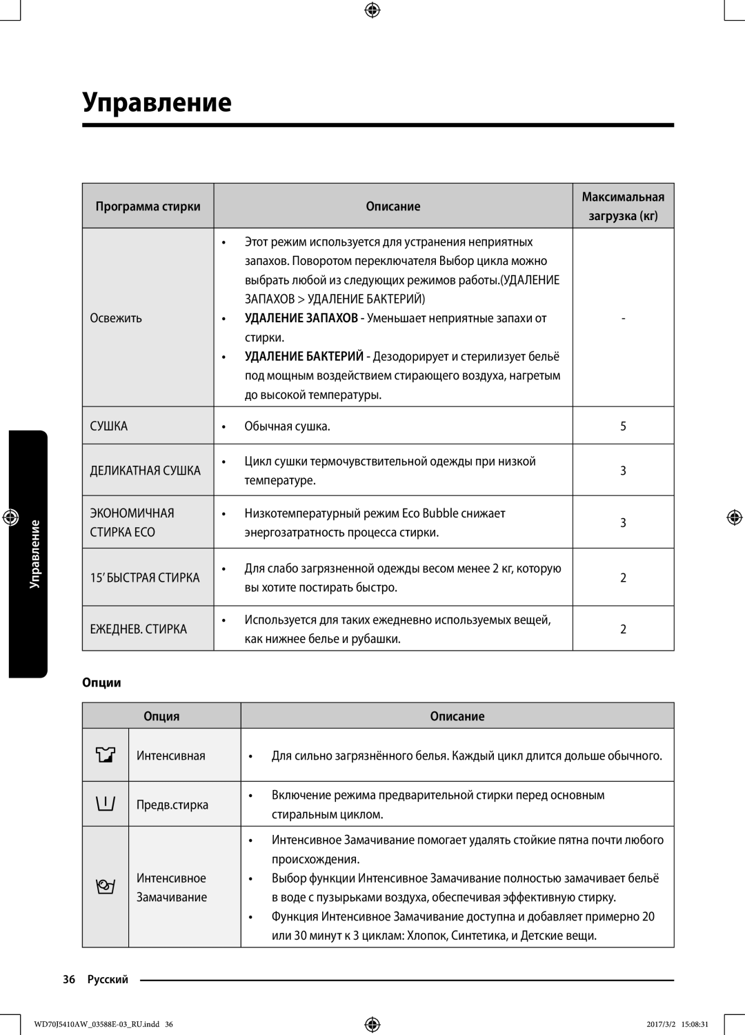 Samsung WD70J5410AW/LD manual Опции Опция Описание 