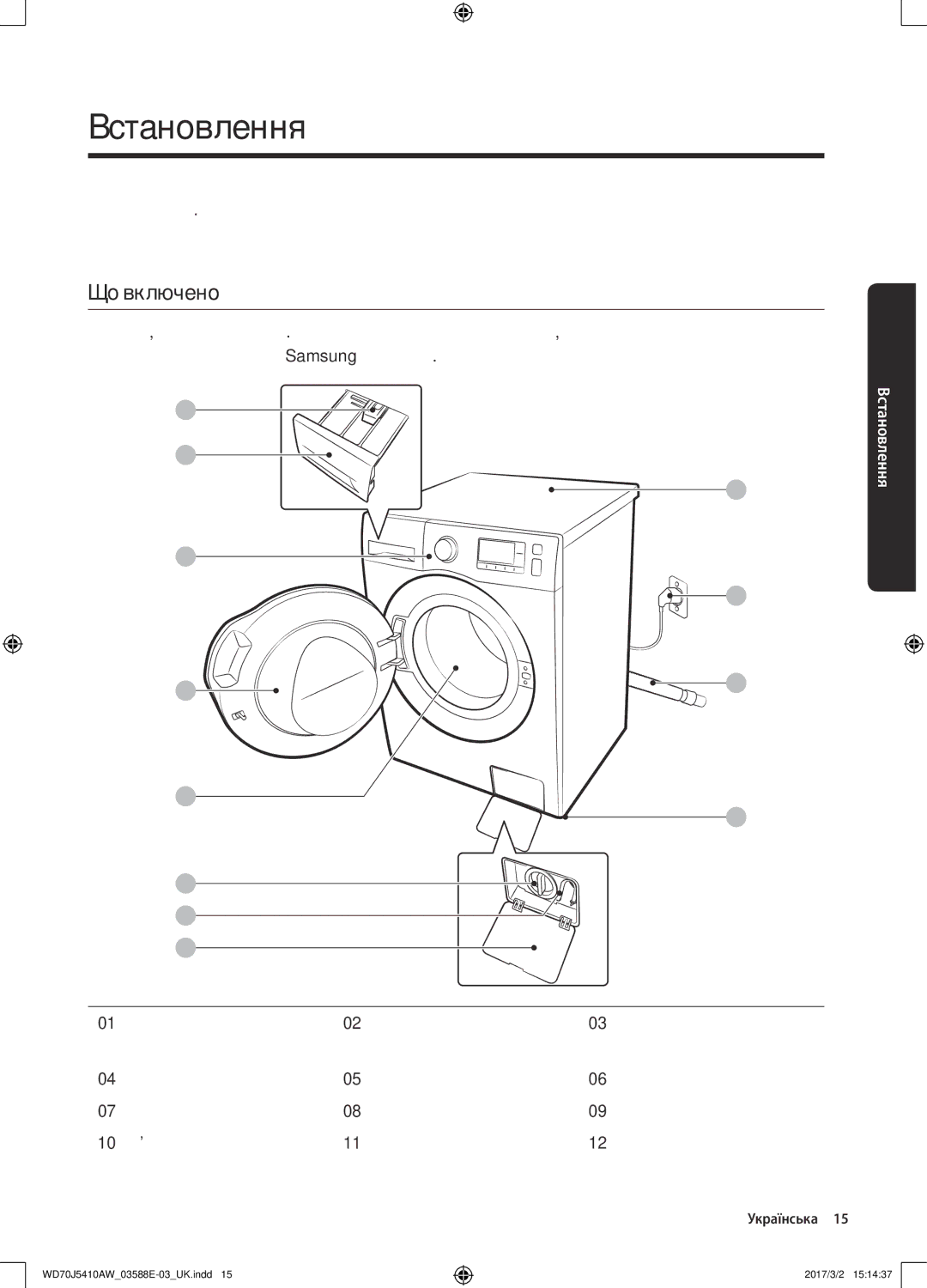 Samsung WD70J5410AW/LD Встановлення, Що включено, Важіль вивільнення, Прання Дверцята Барабан, Електроживлення Регулювання 