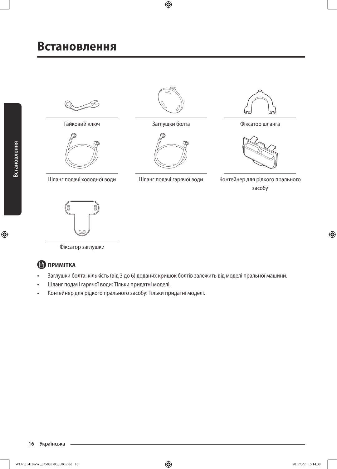 Samsung WD70J5410AW/LD manual Гайковий ключ Заглушки болта, Шланг подачі холодної води Шланг подачі гарячої води 