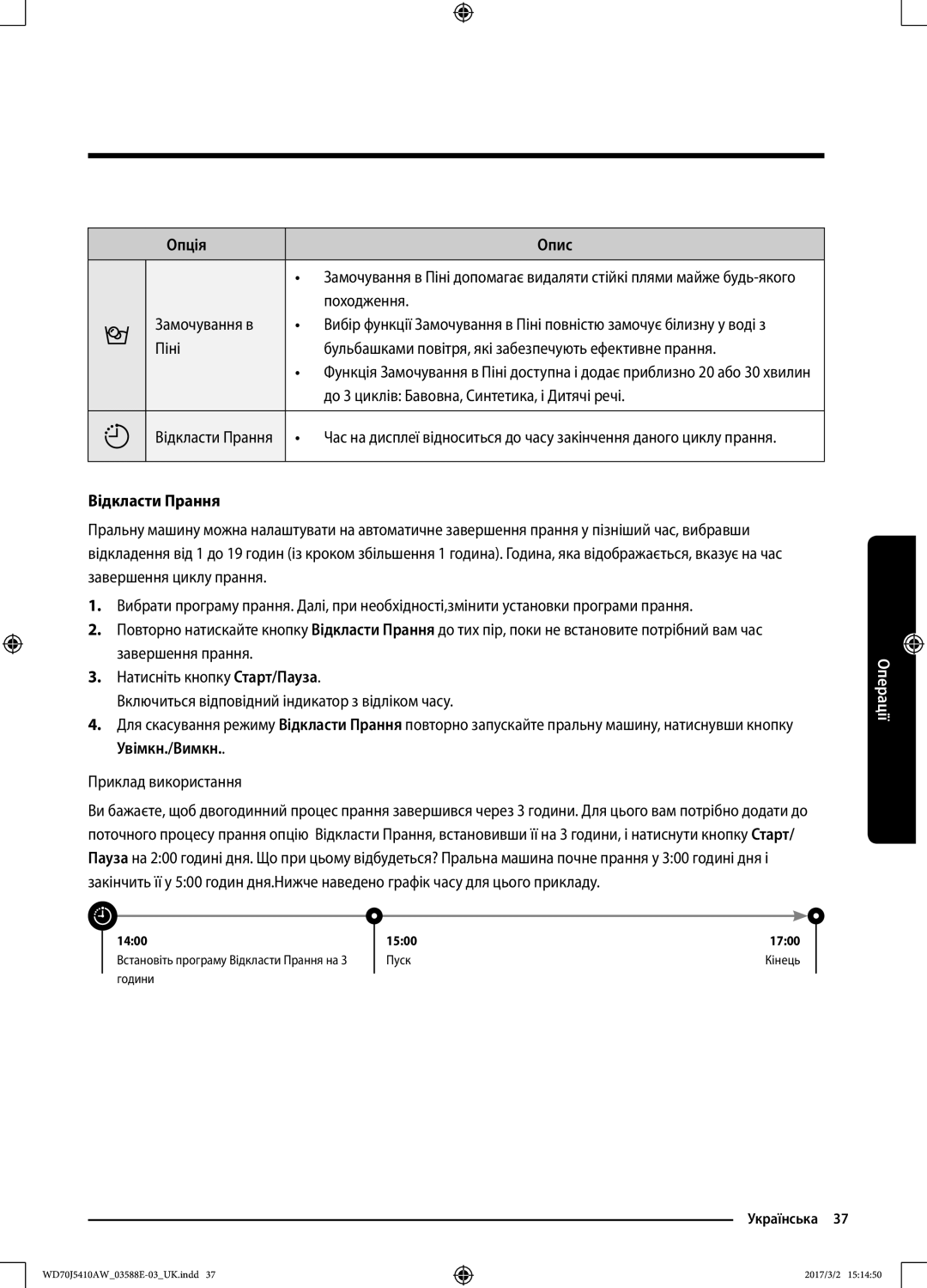 Samsung WD70J5410AW/LD manual Опція Опис, Відкласти Прання 