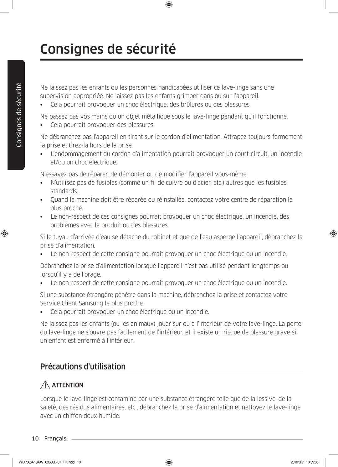 Samsung WD70J5A10AW/EF manual Précautions dutilisation 