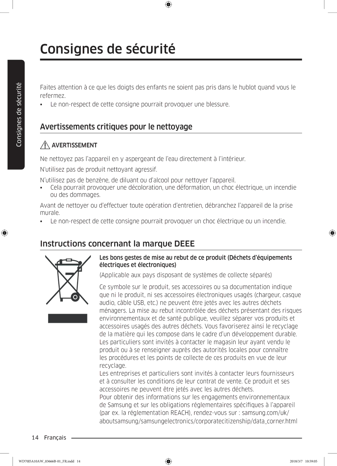 Samsung WD70J5A10AW/EF manual Avertissements critiques pour le nettoyage, Instructions concernant la marque Deee 